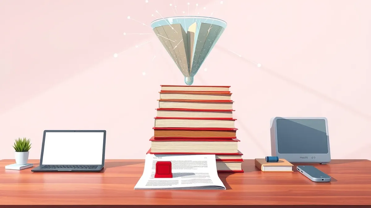 Illustration: A towering stack of hardcover books sits on a polished wooden desk.