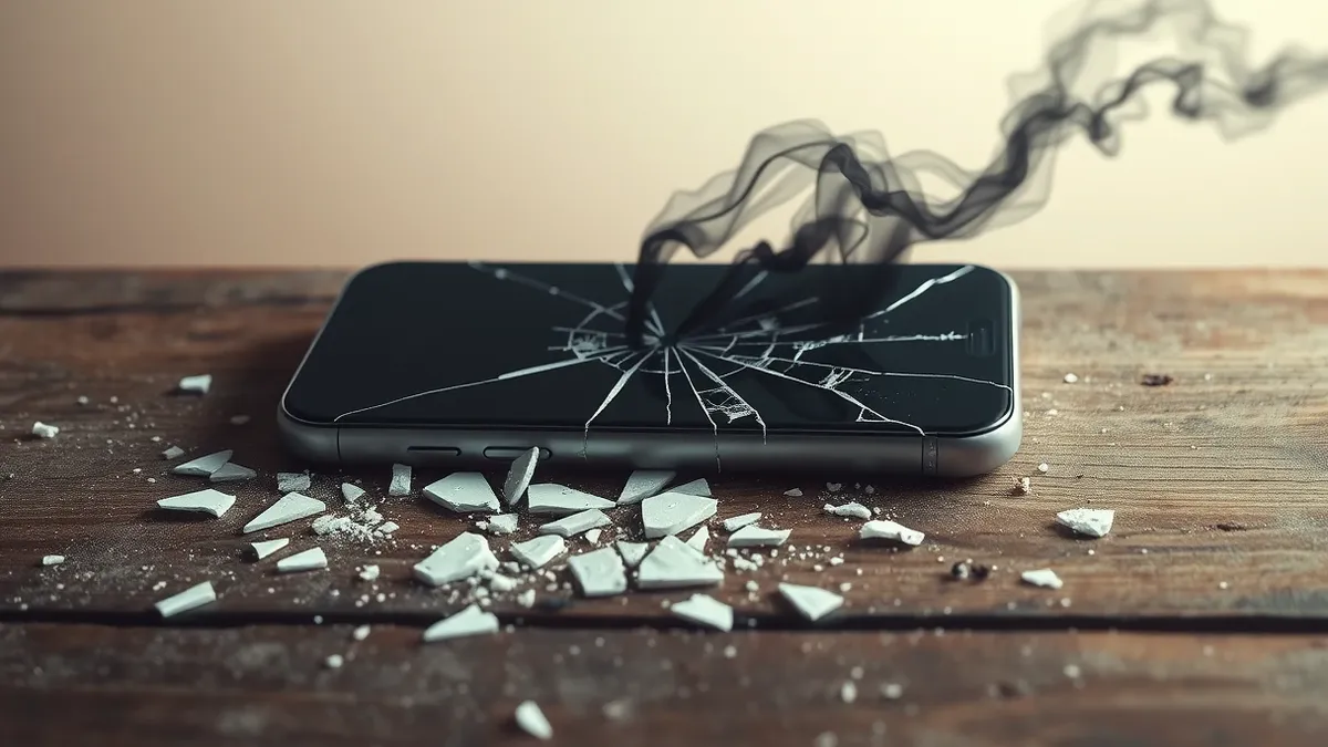 Illustration: A cracked smartphone screen lies shattered on a dusty wooden table.