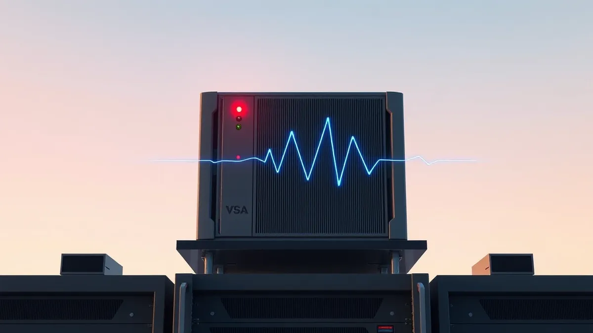 Illustration: A gray metal network appliance sits on a server shelf with a single red warning light blinking steadily.
