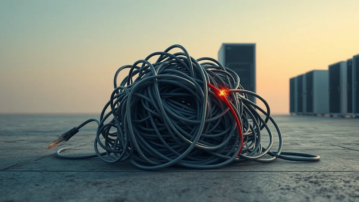 Illustration: A tangled knot of gray network cables rests on a concrete floor, with one red wire frayed and sparking faintly.