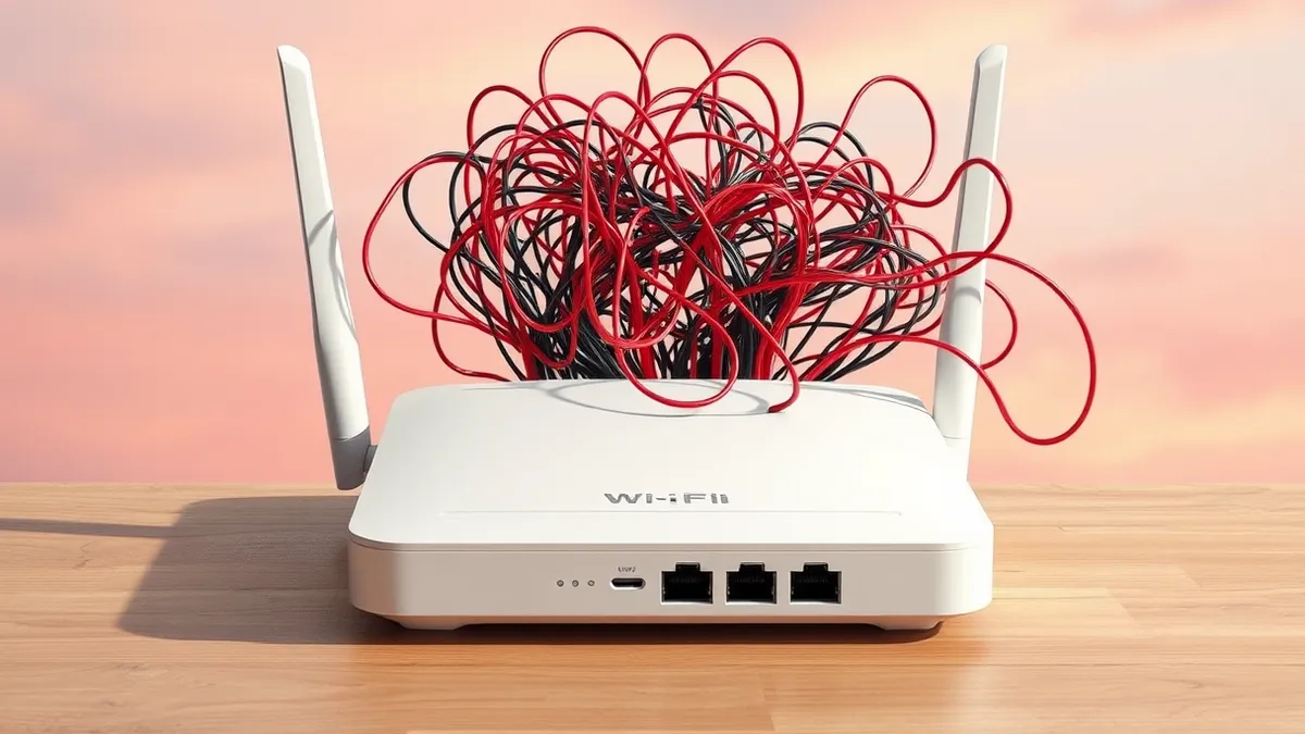 Illustration: A white Wi-Fi router sits on a wooden table with its antennas standing upright.