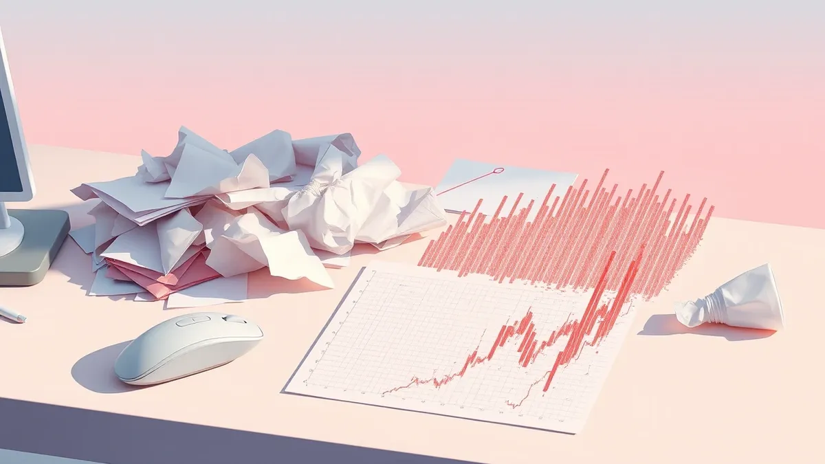 Illustration: A white office mouse rests on a cluttered desk beside a scattered pile of crumpled paper.