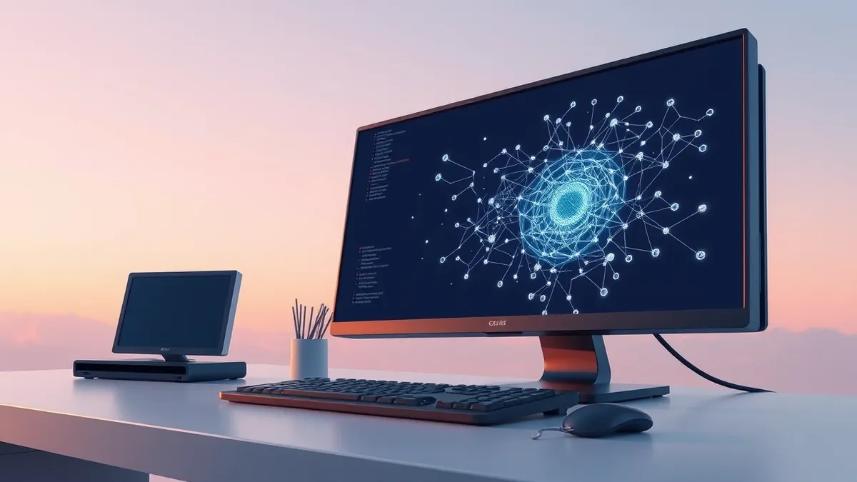 Illustration: A sleek workstation monitor displays abstract neural network nodes, with a small green circuit chip resting beside the keyboard.