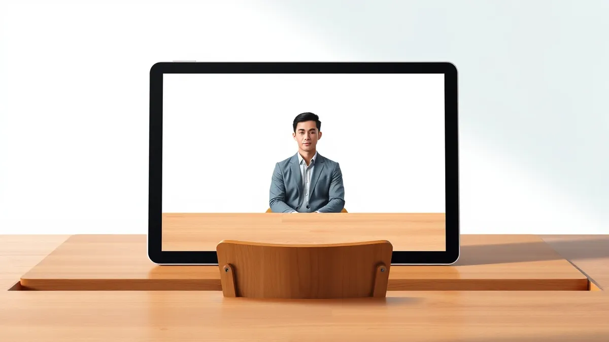 Illustration: A sleek tablet displays a photorealistic digital avatar sitting across a polished wooden desk.
