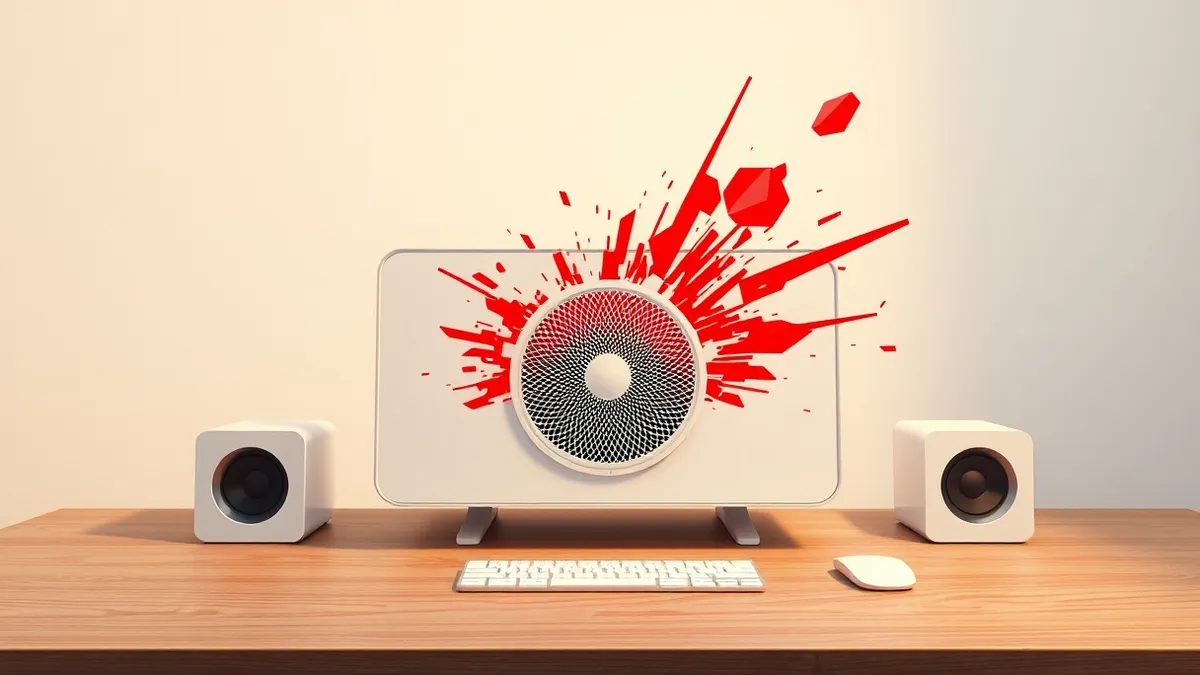 Illustration: A sleek white speaker sits on a wooden desk.