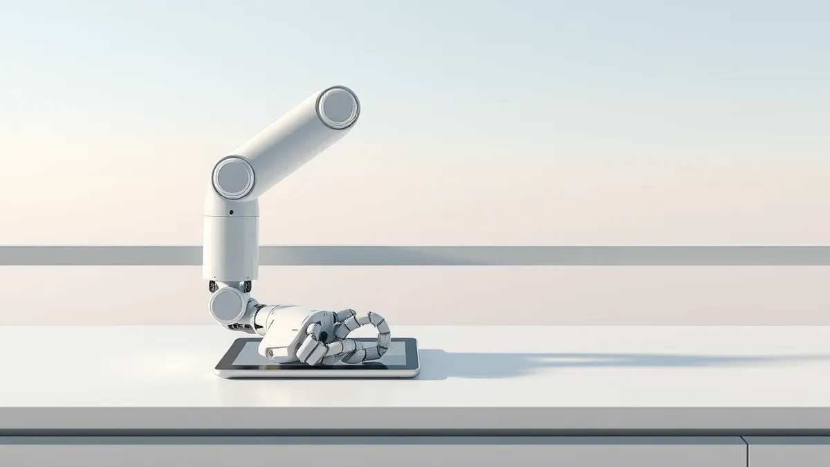 Illustration: A sleek white robotic arm rests on a minimalist laboratory bench beside a tablet displaying abstract geometric patterns.