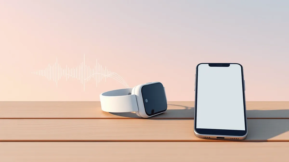 Illustration: A small white wearable computer rests on a wooden surface.