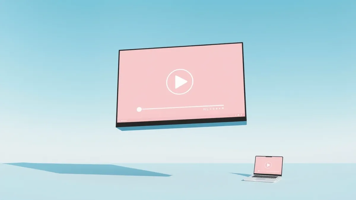 Illustration: A sleek desktop application window floats in mid-air, its interface dominated by a large play button icon and a film strip symbol.