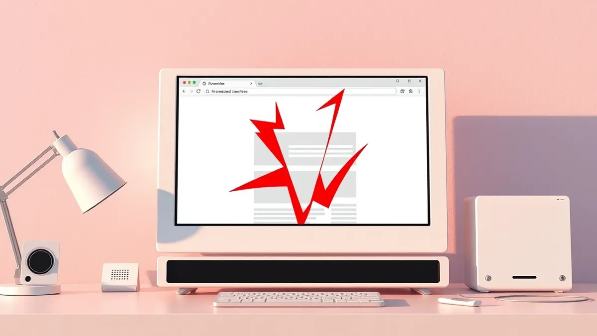 Illustration: A sleek white security appliance sits on a desk, its blank display showing a distorted web browser window with jagged, abstract red shapes piercing through the interf