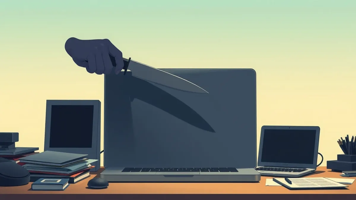 Illustration: A shadowy hand presses a knife blade against a closed laptop lid, casting a long, sharp shadow across a cluttered office desk.