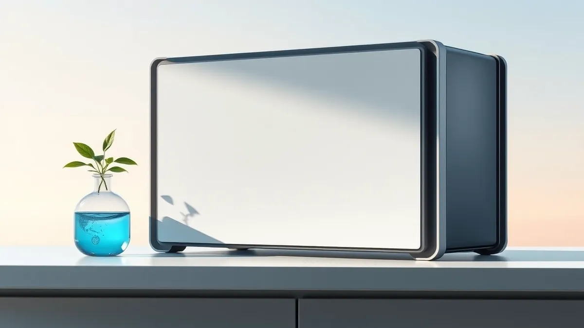Illustration: A sleek, metallic server unit sits on a clean white laboratory table beside a glowing beaker of swirling blue liquid and a small green plant.