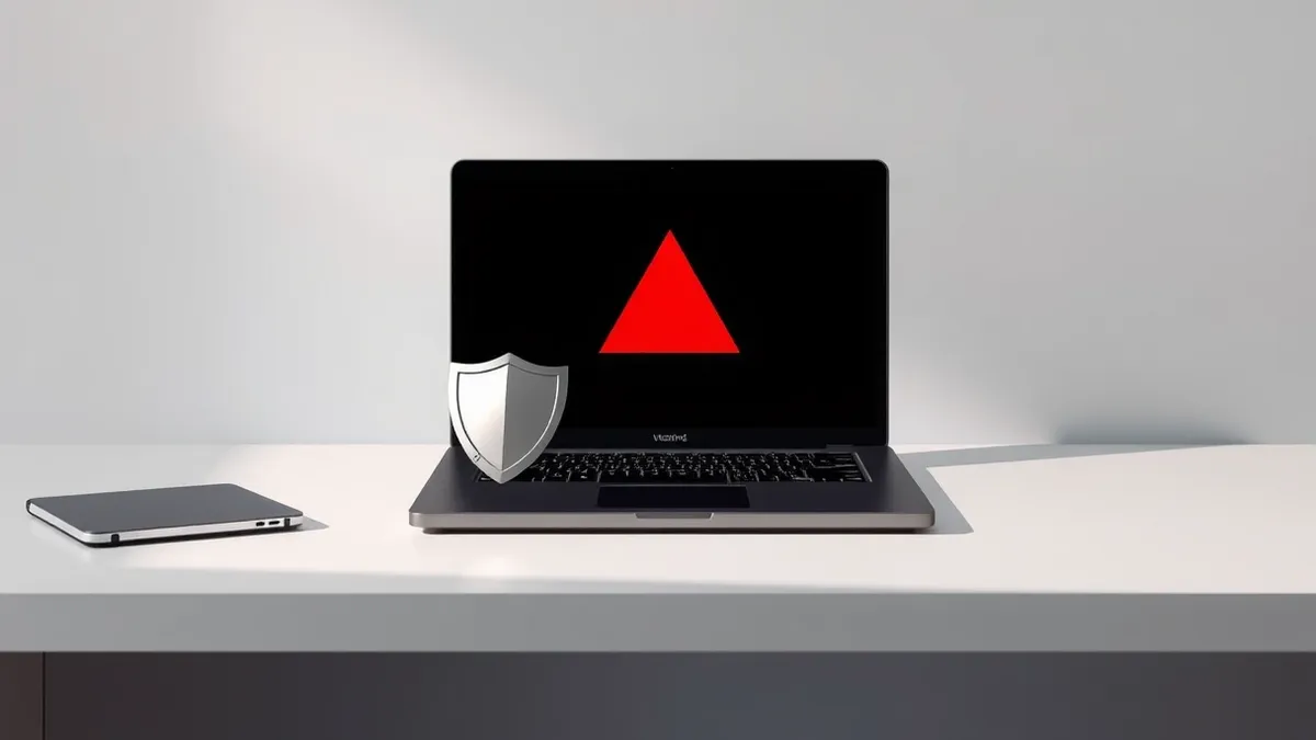 Illustration: A sleek black laptop sits on a clean white desk, its screen displaying a single large red warning triangle against a blank background.