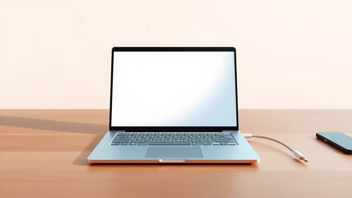 Illustration: A silver laptop rests open on a smooth wooden desk, its lid reflecting soft ambient light.