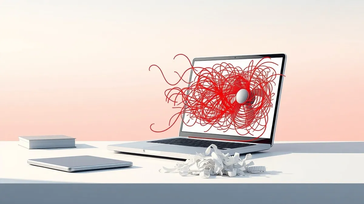 Illustration: A sleek open laptop sits on a minimalist desk, its screen displaying a chaotic tangle of tangled red threads representing complex markdown syntax.