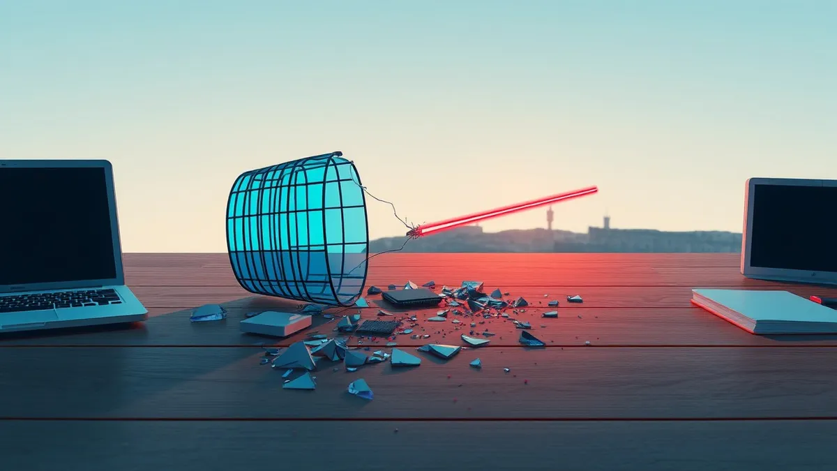 Illustration: A broken blue glass cage rests on a wooden desk, its shards scattered around a small black chip.