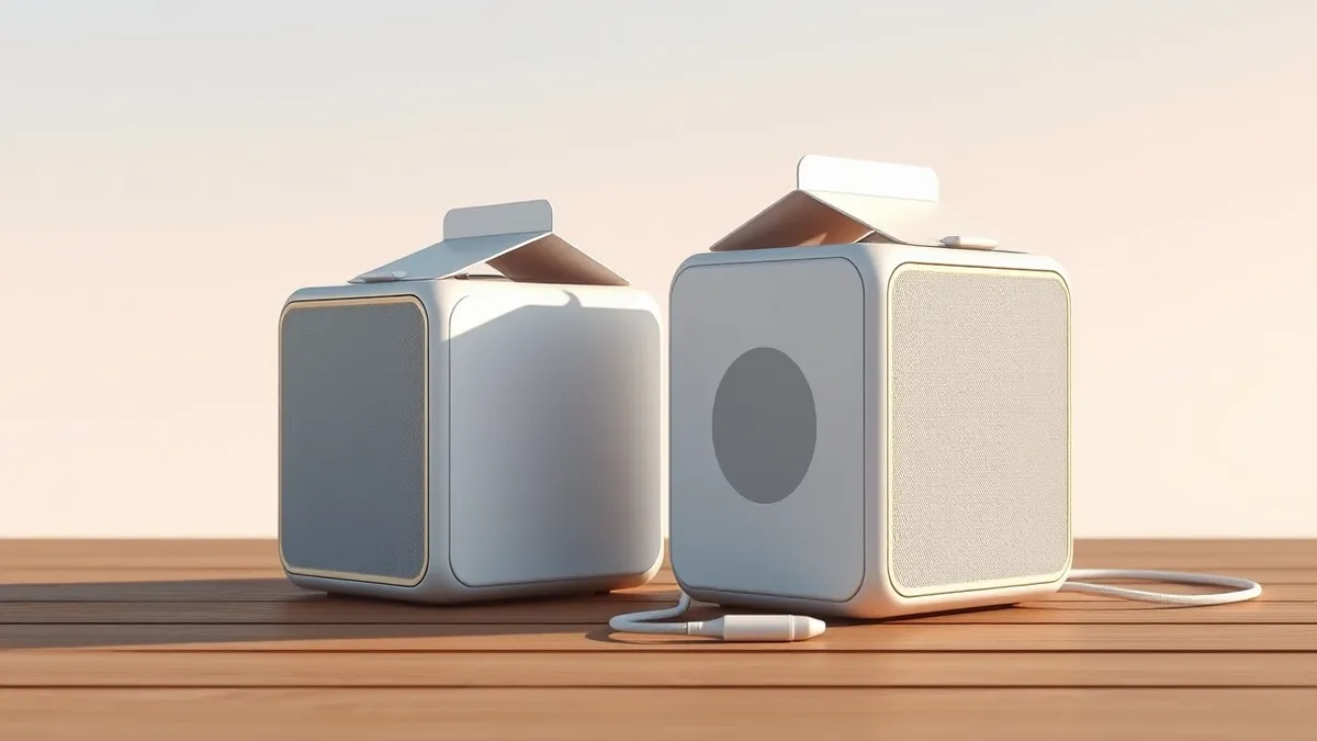 Illustration: Two portable Bluetooth speakers sit on a wooden surface, their rectangular bodies resembling white milk cartons with smooth, detachable side panels.