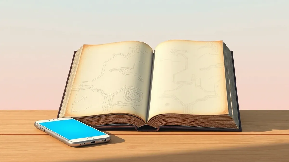 Illustration: A weathered paperback book lies open on a wooden desk, its pages blank except for faint abstract line drawings of circuit patterns.