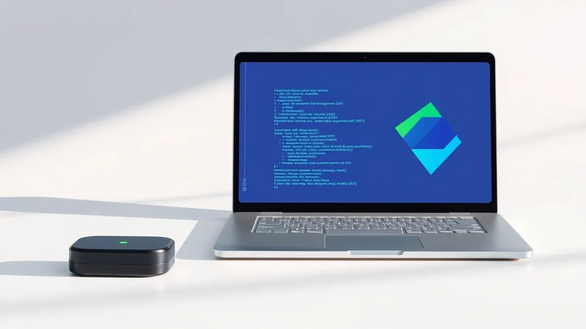 Illustration: A sleek silver laptop sits on a clean white desk, its screen displaying a minimalist interface with abstract blue and green geometric shapes representing secure code.