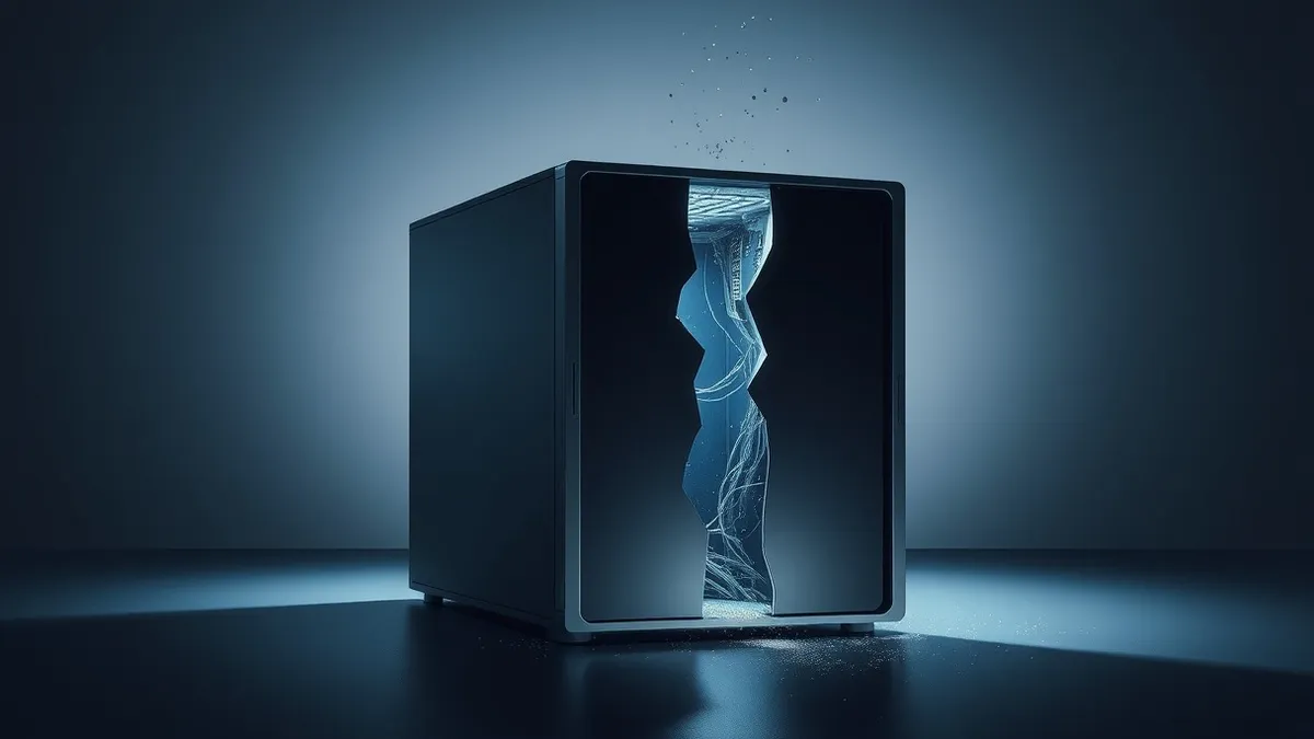 Illustration: A sleek, standalone server unit sits in a dark room, its smooth metallic casing cracked open to reveal tangled, exposed circuitry inside.