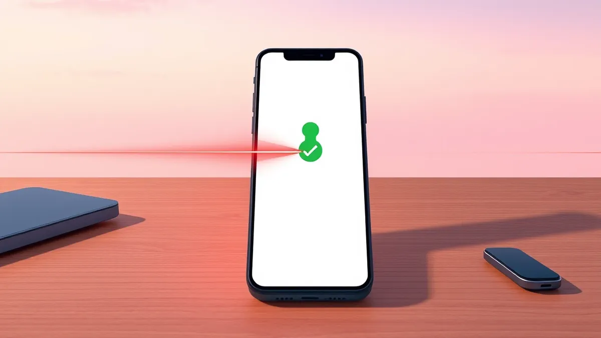 Illustration: A sleek black smartphone sits on a wooden desk, its screen displaying a blank white login interface with a single green checkmark icon centered prominently.