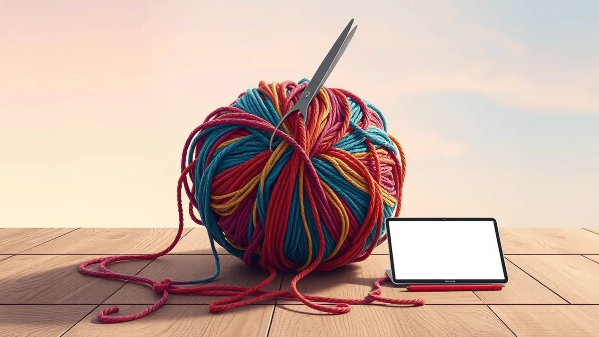 Illustration: A tangled ball of colorful yarn sits on a wooden table, partially unraveled by a pair of scissors cutting through the messy knot.