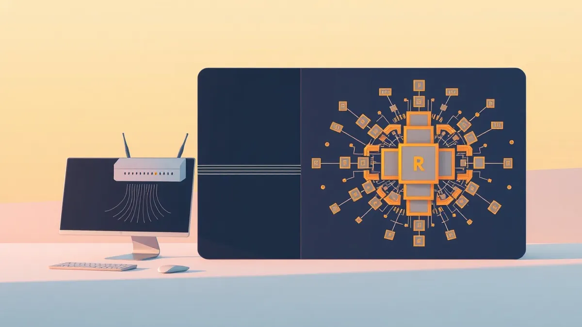 Illustration: A split digital workspace shows two distinct processing nodes.