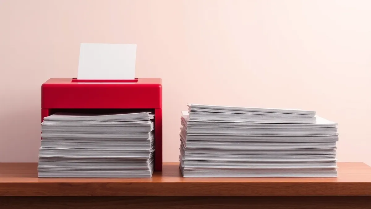 Illustration: A thick stack of blank white folders sits on a wooden desk next to a red shredder.