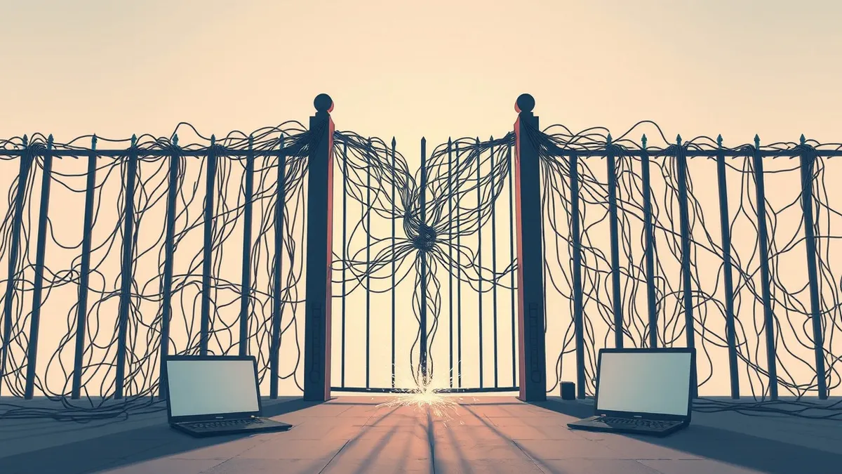 Illustration: A tangled web of digital connections snaps as a heavy iron gate slams shut on the central hub.