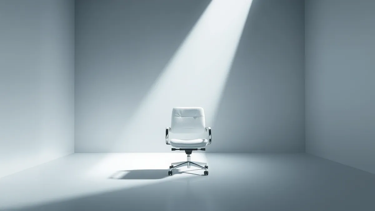 Illustration: A sterile, white office chair sits empty in the center of a dimly lit room.