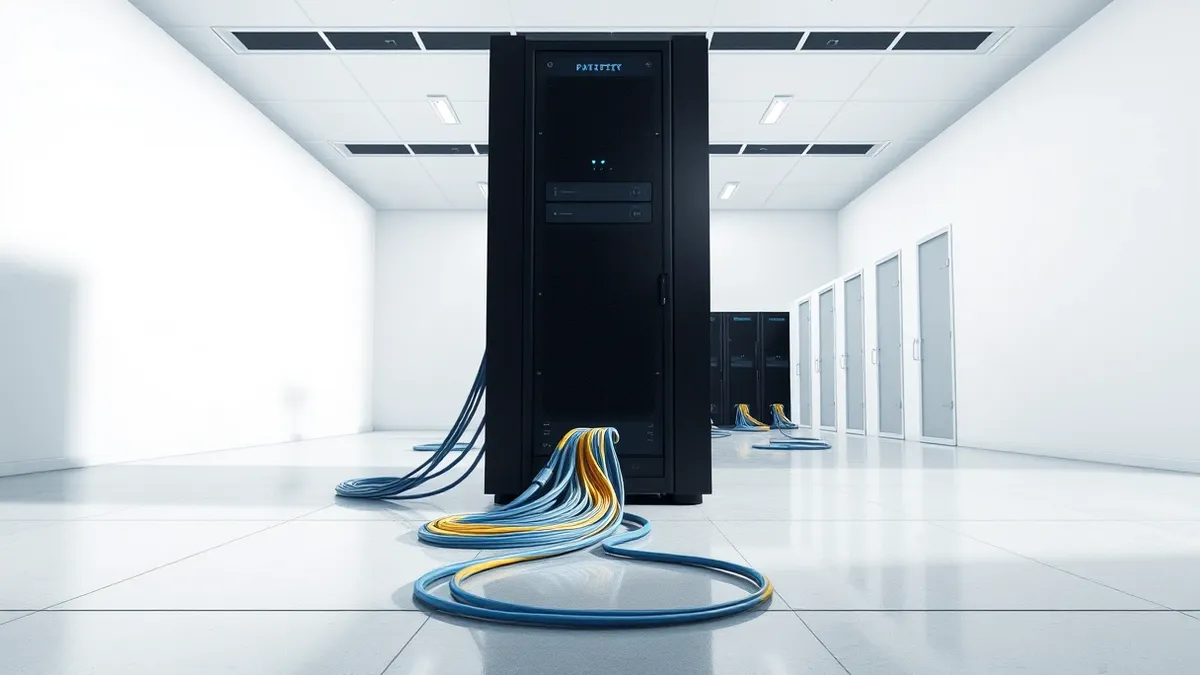 Illustration: A sleek black server tower sits in a sterile white room with blinking blue indicator lights.