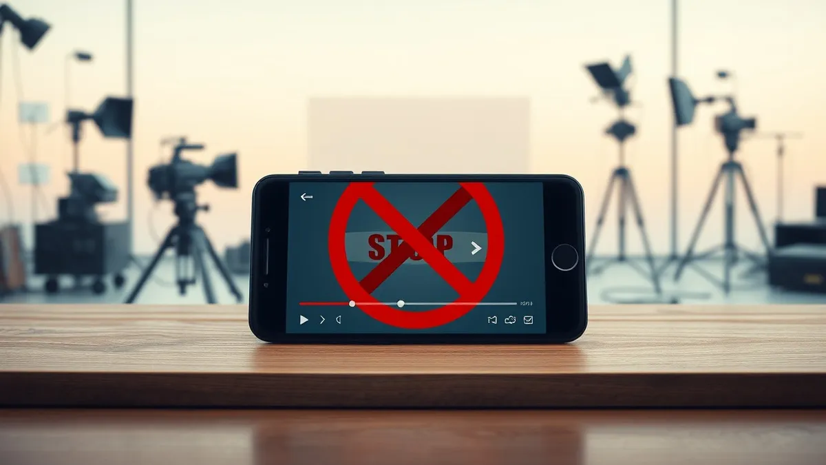 Illustration: A sleek black smartphone rests on a wooden table, its screen displaying a paused video player interface with a large red stop button.