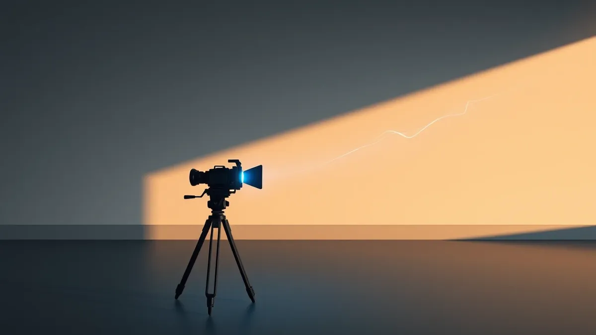 Illustration: A sleek black video camera rests on a tripod in a dim studio.