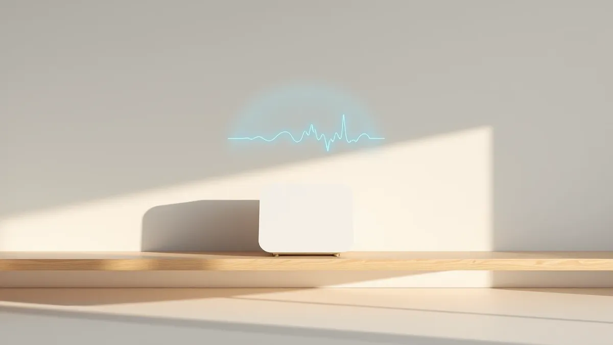 Illustration: A sleek white smart home hub sits unplugged on a minimalist wooden shelf.