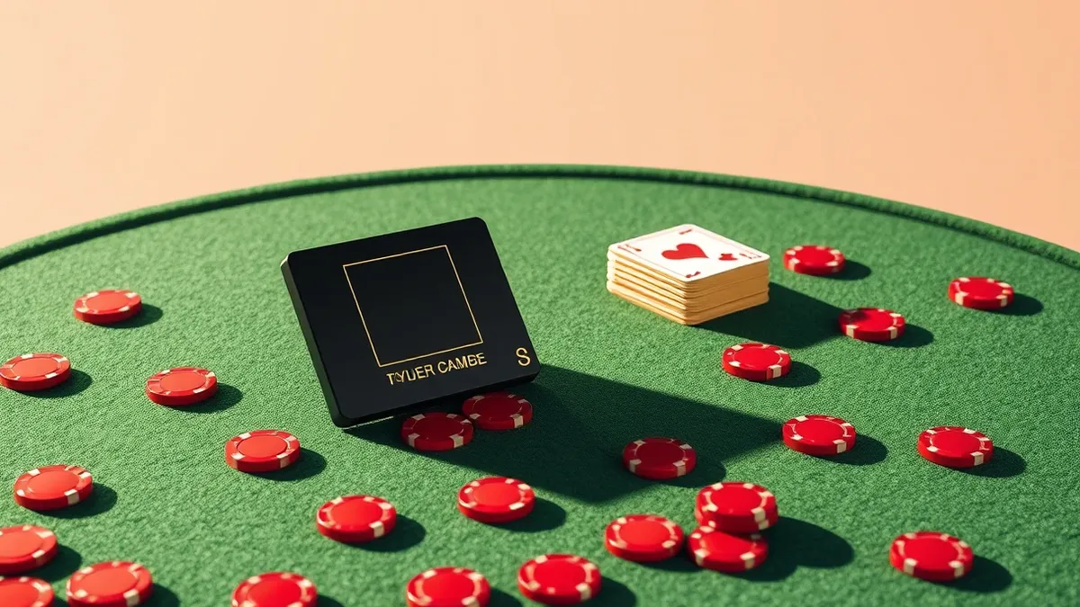 Illustration: A sleek black microchip rests on a green felt surface surrounded by scattered red casino chips.