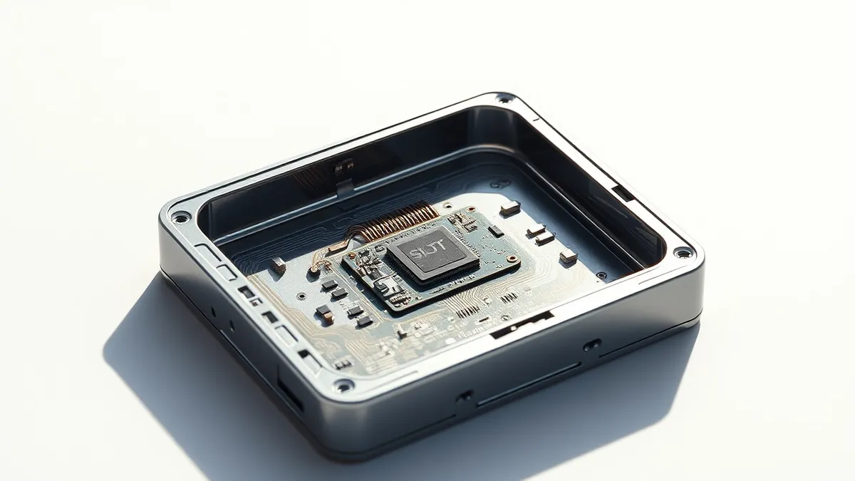 Illustration: A small rectangular cryptocurrency hardware wallet sits on a clean white surface, its metallic casing pried open to reveal a microscopic circuit board embedded inside