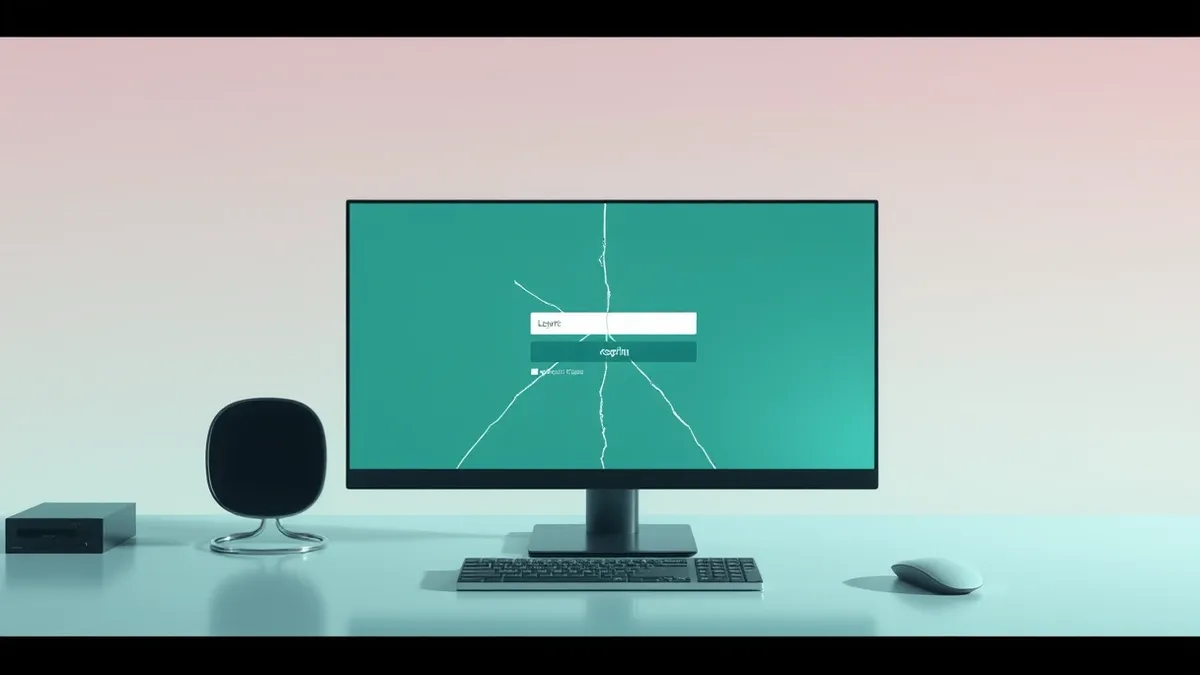 Illustration: A sleek industrial software interface sits on a clean desk, its login window displaying a blank redirect field.