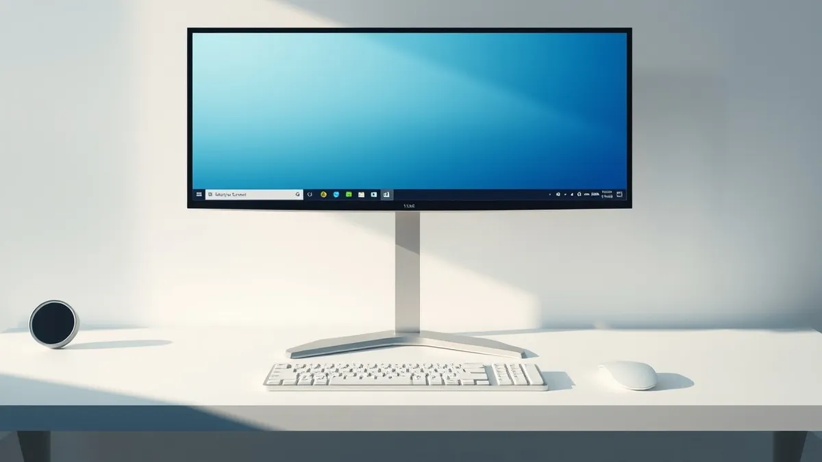 Illustration: A sleek black monitor displays a minimalist desktop background with soft blue gradients.