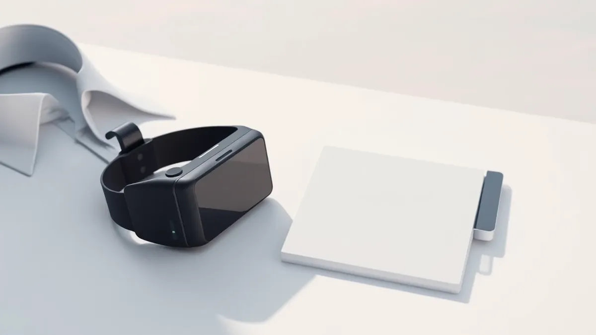 Illustration: A matte black wearable computer clips onto a shirt collar next to a sleek rectangular digital notepad.