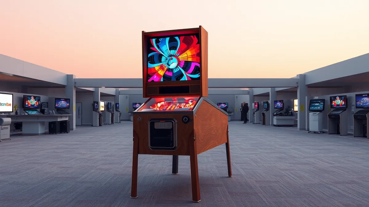 Illustration: A polished wooden pinball machine stands alone on a carpeted convention floor, its glass backbox glowing with vibrant abstract light patterns.