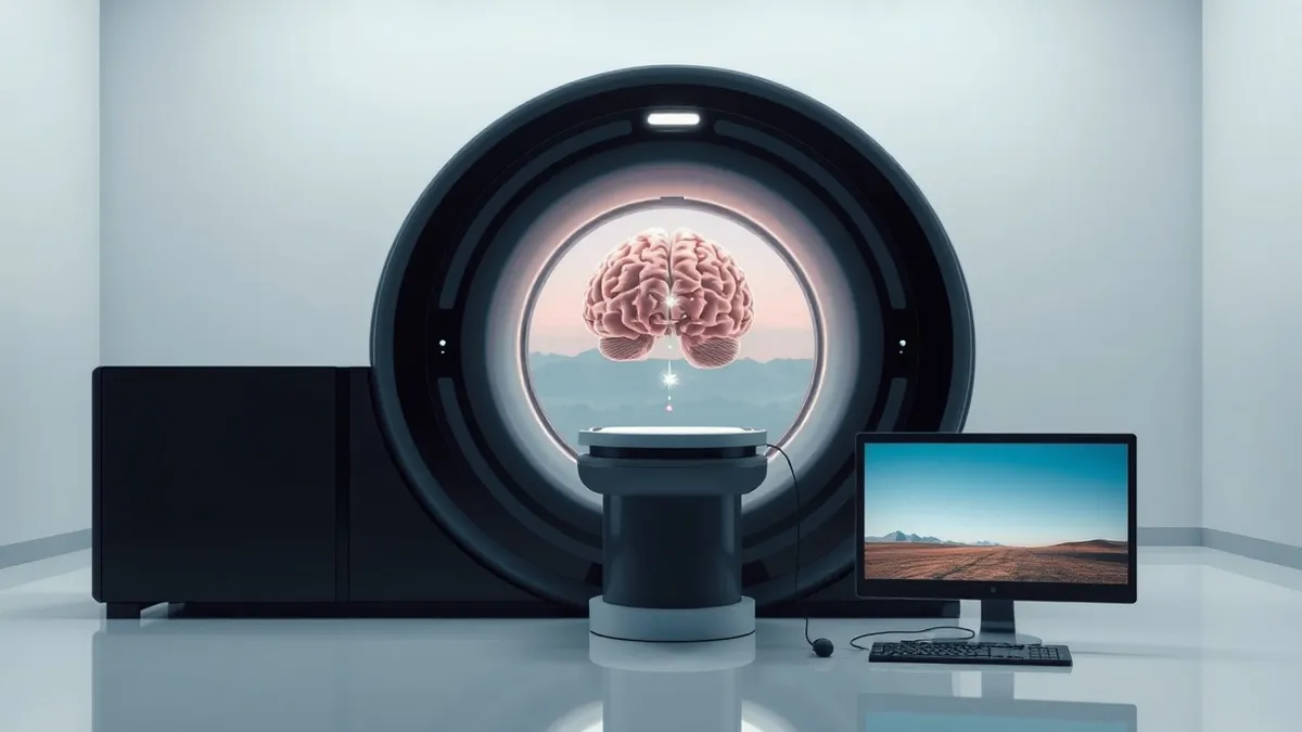 Illustration: A sleek black MRI machine sits in a sterile white laboratory.