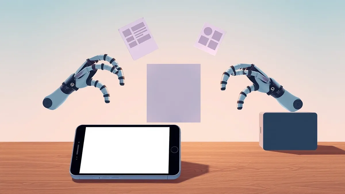 Illustration: A sleek black smartphone rests on a wooden desk, its screen displaying a blank social media interface.