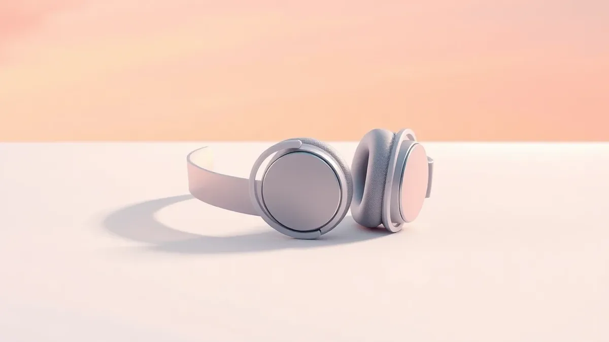 Illustration: A pair of wireless headphones with a translucent, ultra-thin airwire headband rests on a smooth white surface.