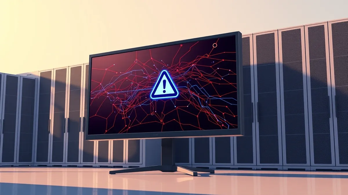Illustration: A sleek security monitor displays abstract neural network lines in red and blue, surrounded by empty server cabinets.