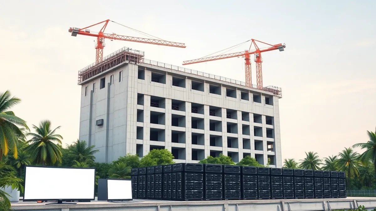 Illustration: A massive concrete data center building rises from lush tropical greenery in Malaysia.
