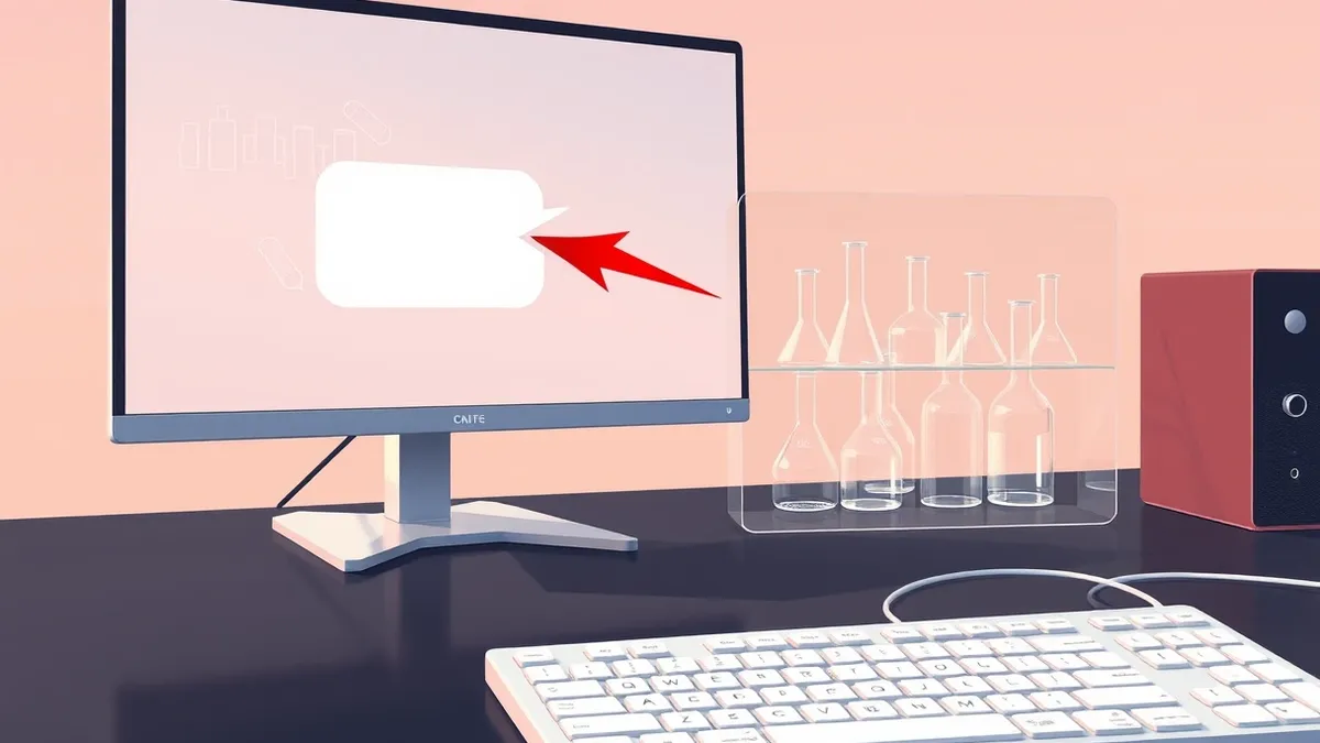 Illustration: A sleek white keyboard sits on a dark desk next to a monitor displaying a single chat bubble with a jagged red arrow pointing out of it.