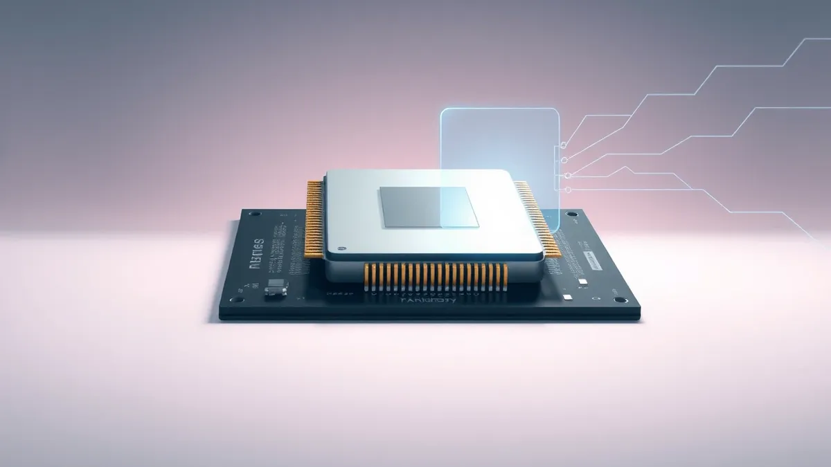 Illustration: A sleek, silver processor chip sits on a dark circuit board, its intricate gold pins catching the light.