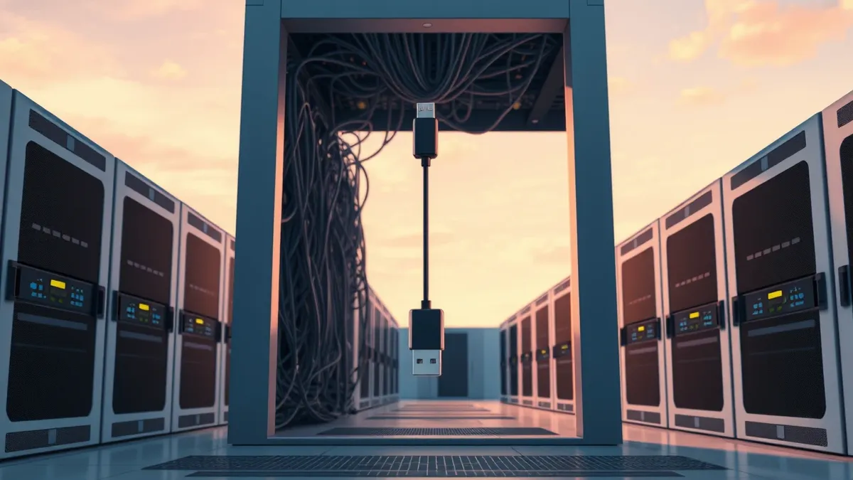 Illustration: An open server rack door reveals tangled network cables and blinking lights.
