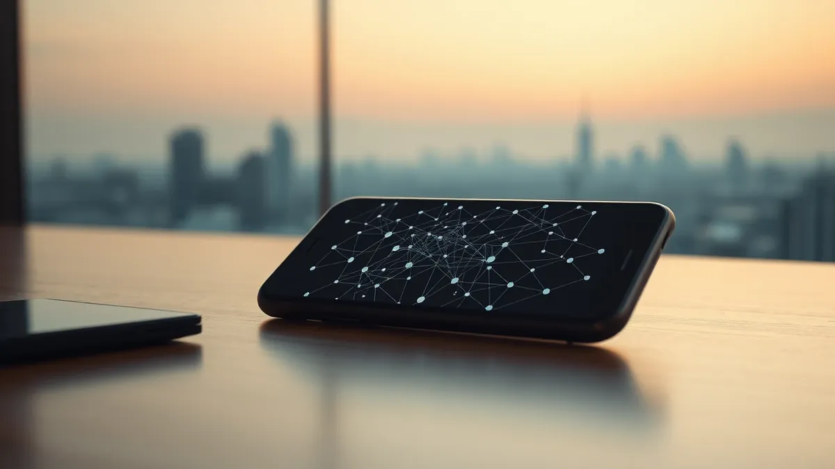 Illustration: A sleek black smartphone rests on a polished wooden desk, its screen displaying a complex web of interconnected nodes and abstract lines.