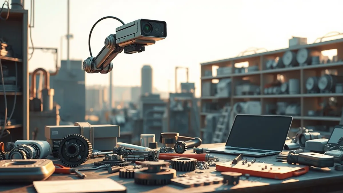 Illustration: A robotic arm with a camera lens hovers over a cluttered factory workbench.