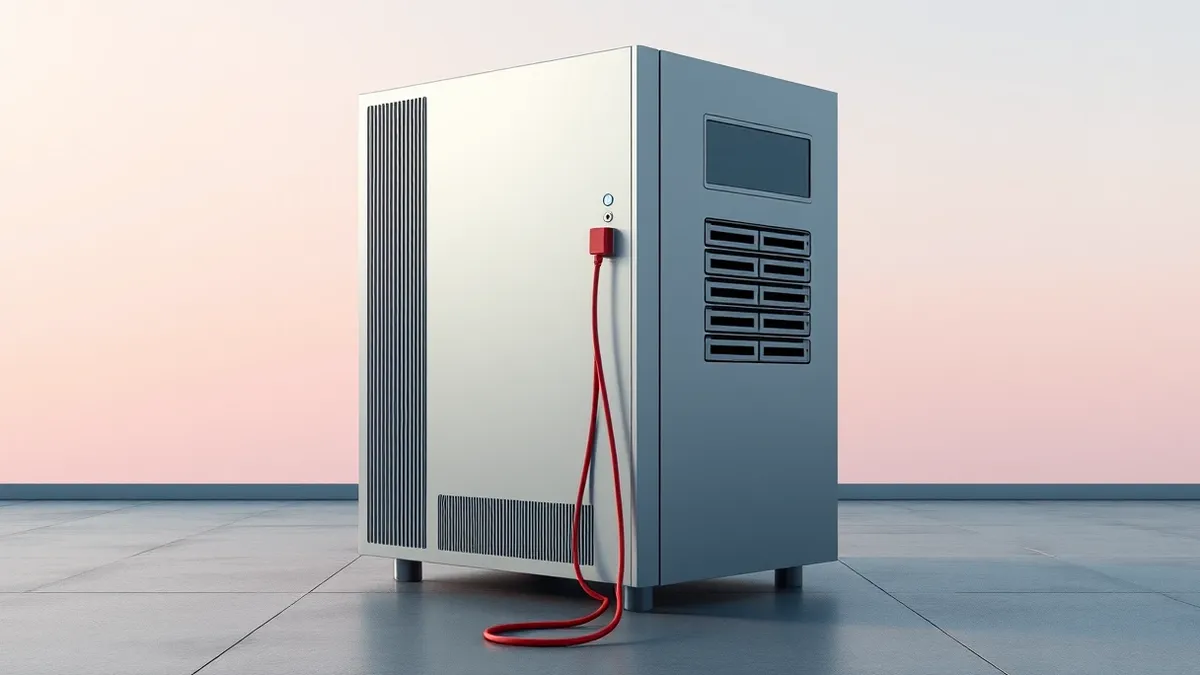 Illustration: A silver server tower sits on a concrete floor, its front panel showing blank indicator lights and empty drive bays.